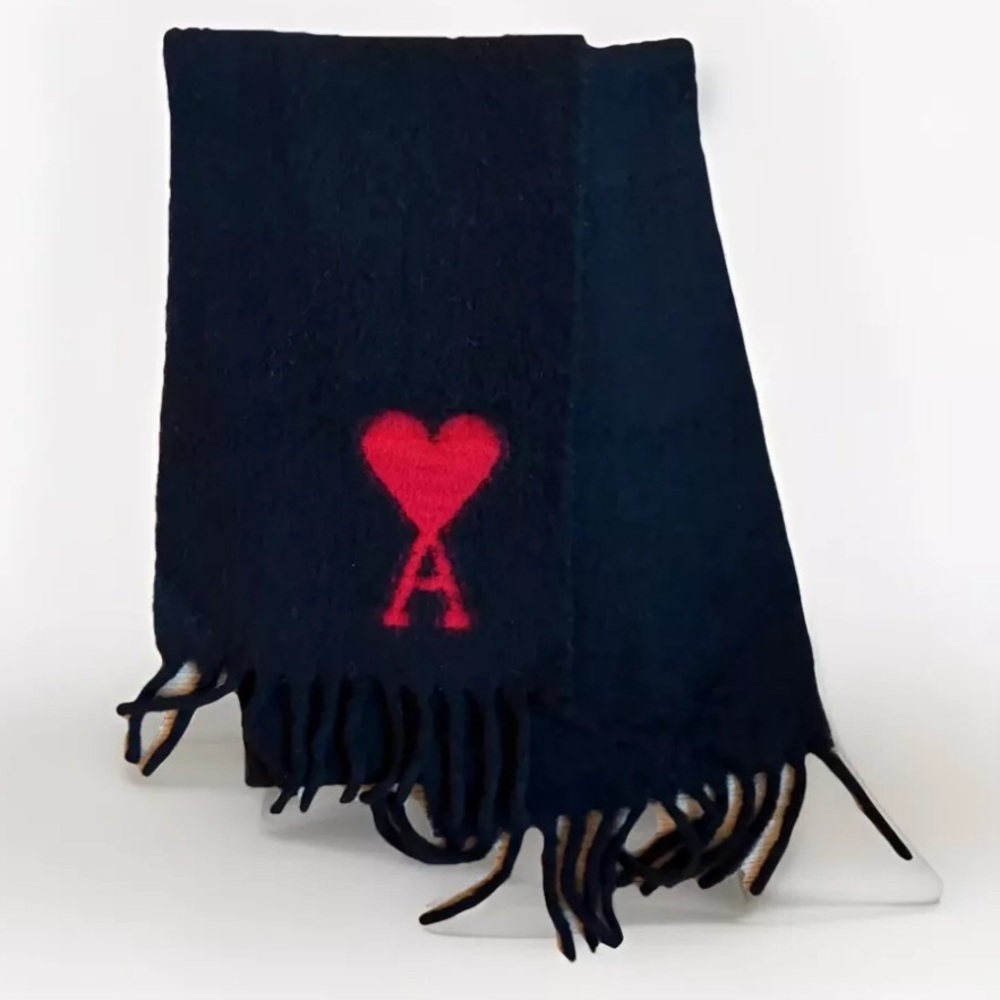 AMI Paris Black Oversized Ami De Cœr Wool Oblong Scarf  Black w/ Red Logo Unisex